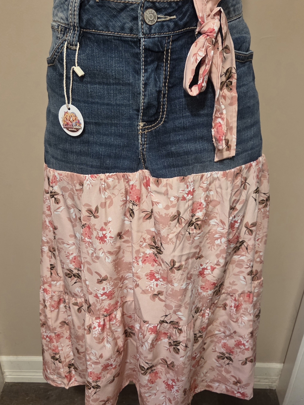 Upcycled Denim Waist Pink Floral Maxi Skirt